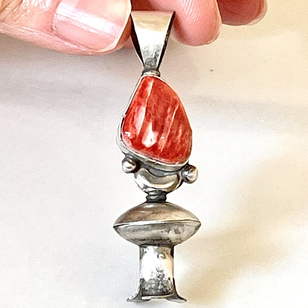 Navajo Squash Blossom Pendant Orange Spiny Oyster 2.25in Sterling Naja Matte